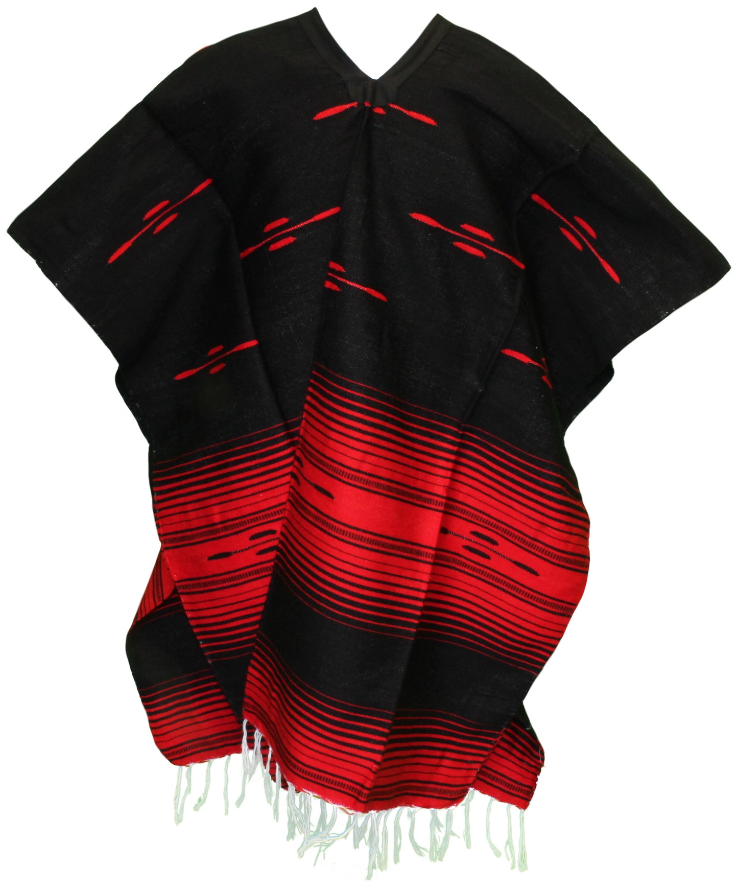 Tribal Serape Mexican Poncho - Black/Red