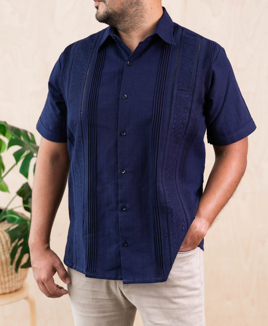 Men's Mexican Guayabera Rejilla Shirt - Navy Blue