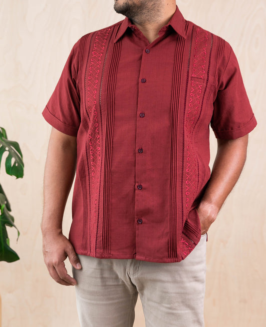 Men's Mexican Guayabera Rejilla Shirt - Burgundy